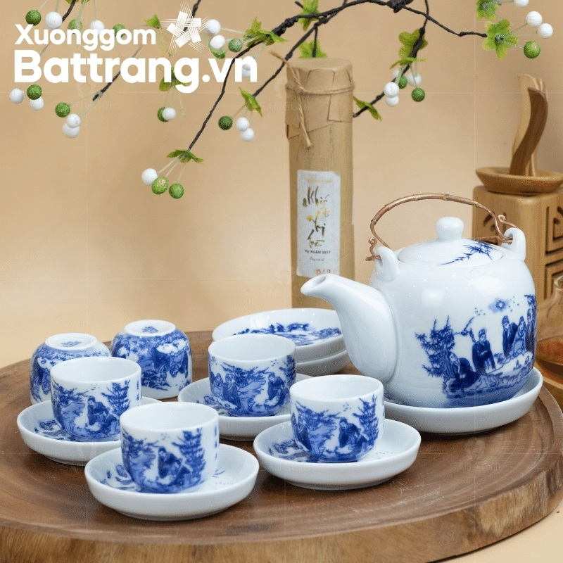 Ấm chén Men lam Bát Tràng