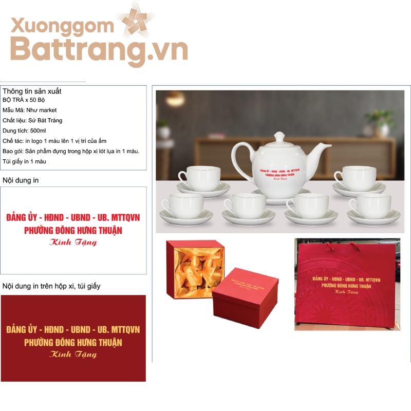 Ma-két ấm chén in logo thể hiện vị trí in và phương án hộp quà
