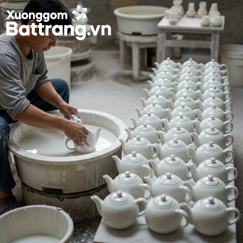 Tráng men ấm trà sứ Bát Tràng