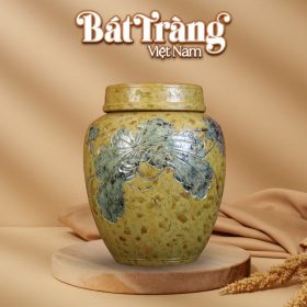 Chum rượu gốm sứ Bát Tràng 20L, 10L màu nâu họa tiết khắc sen vàng BT-CR33