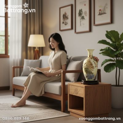 Bình 'Thuận Buồm Xuôi Gió' men kem đặt trên kệ ...