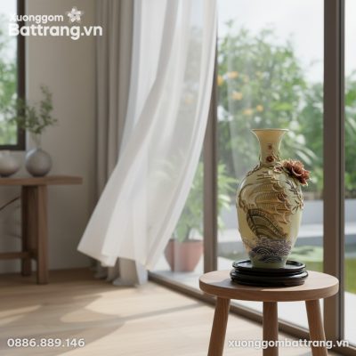 Bình 'Thuận Buồm Xuôi Gió' men kem cao 30cm, đặ...