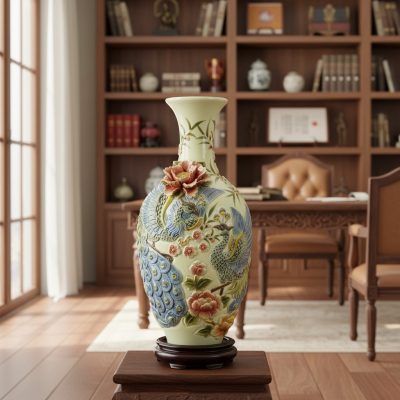 Bình Bảo Bình Men Kem Rạn Đắp Nổi Công Đào, cao...