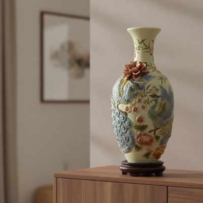 Cận cảnh chiếc Bảo Bình Men Kem Rạn Đắp Nổi Côn...