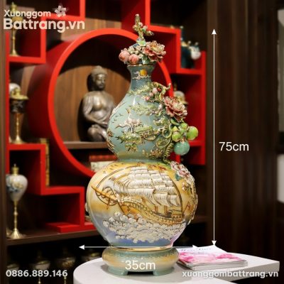 Kích thước Bình Gốm Trang Trí Hồ Lô Phú Quý Thuận Buồm Xuôi Gió Đắp Nổi Vàng Kim XG-BG03