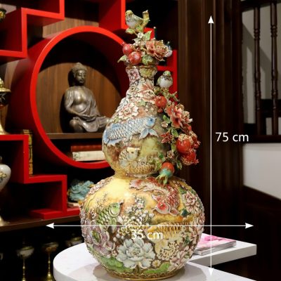 Kích thước Bình hồ lô họa tiết cá rồng ngàn hoa men loang vàng đắp nổi XG-BG04