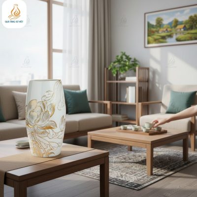 Bình hoa sứ trắng đắp nổi hoa sen dát vàng 24K ...