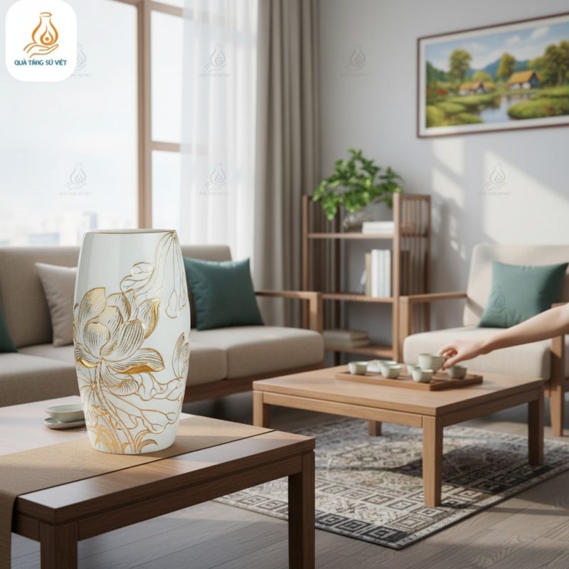 Cận cảnh bình hoa sứ trắng đắp nổi hoa sen có chi tiết dát vàng