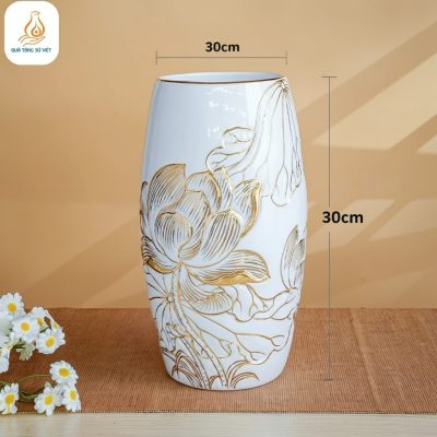 Kích thước bình hoa Sứ Trắng Đắp Nổi Hoa Sen Dát Vàng 24K Bát Tràng Cao Cấp