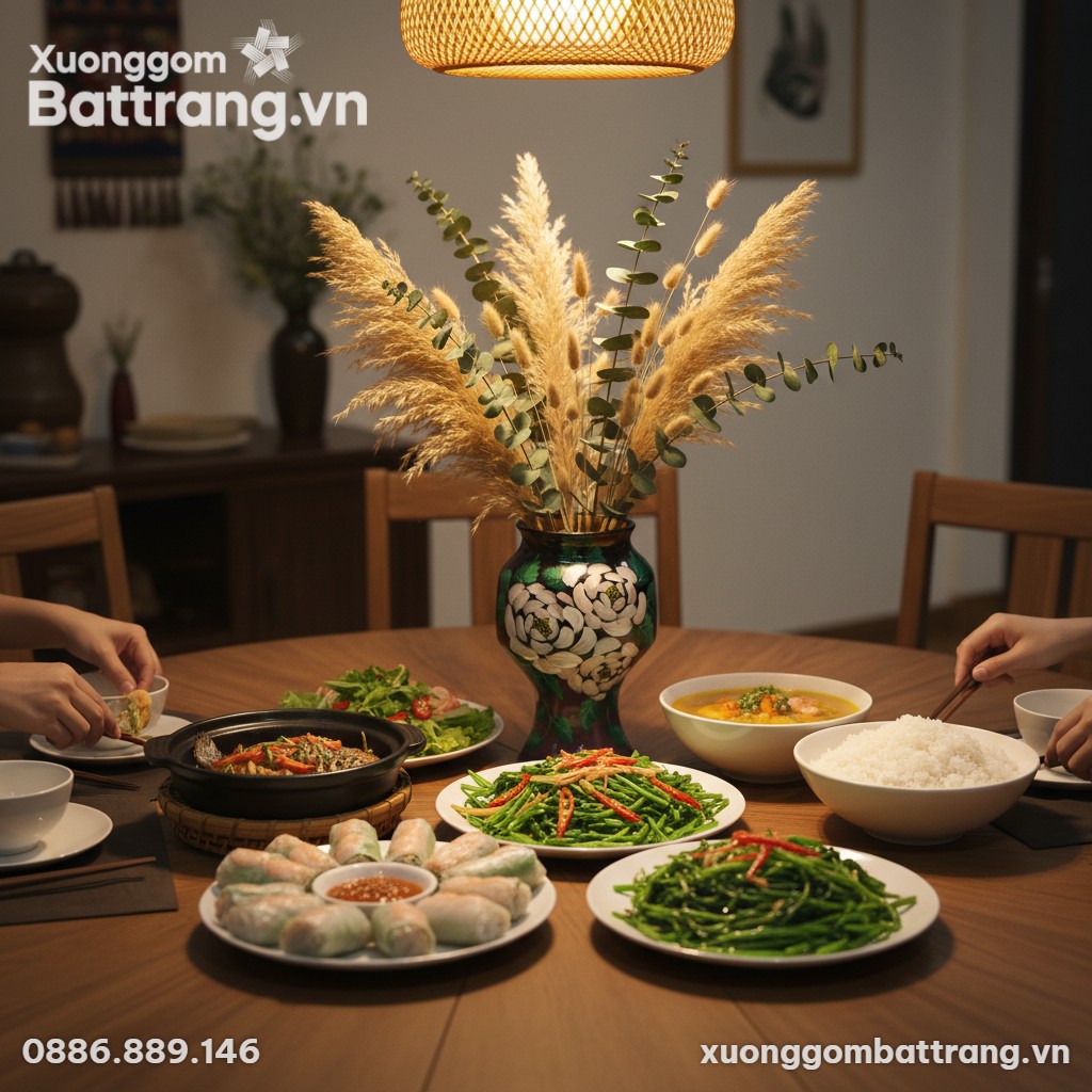 Bình hoa gốm Bát Tràng 25cm trang trí bàn ăn gi...