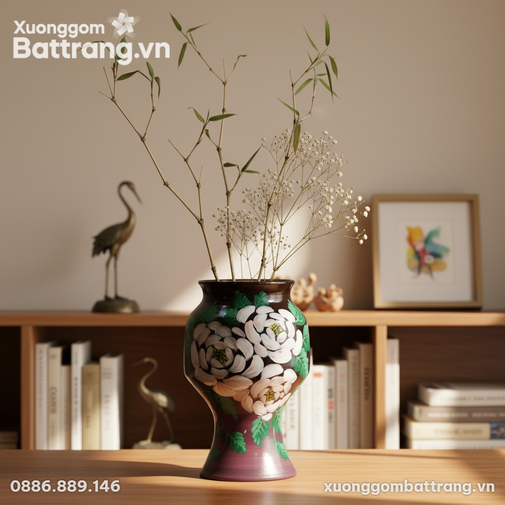 Cận cảnh bình hoa gốm Bát Tràng 25cm vuốt tay t...