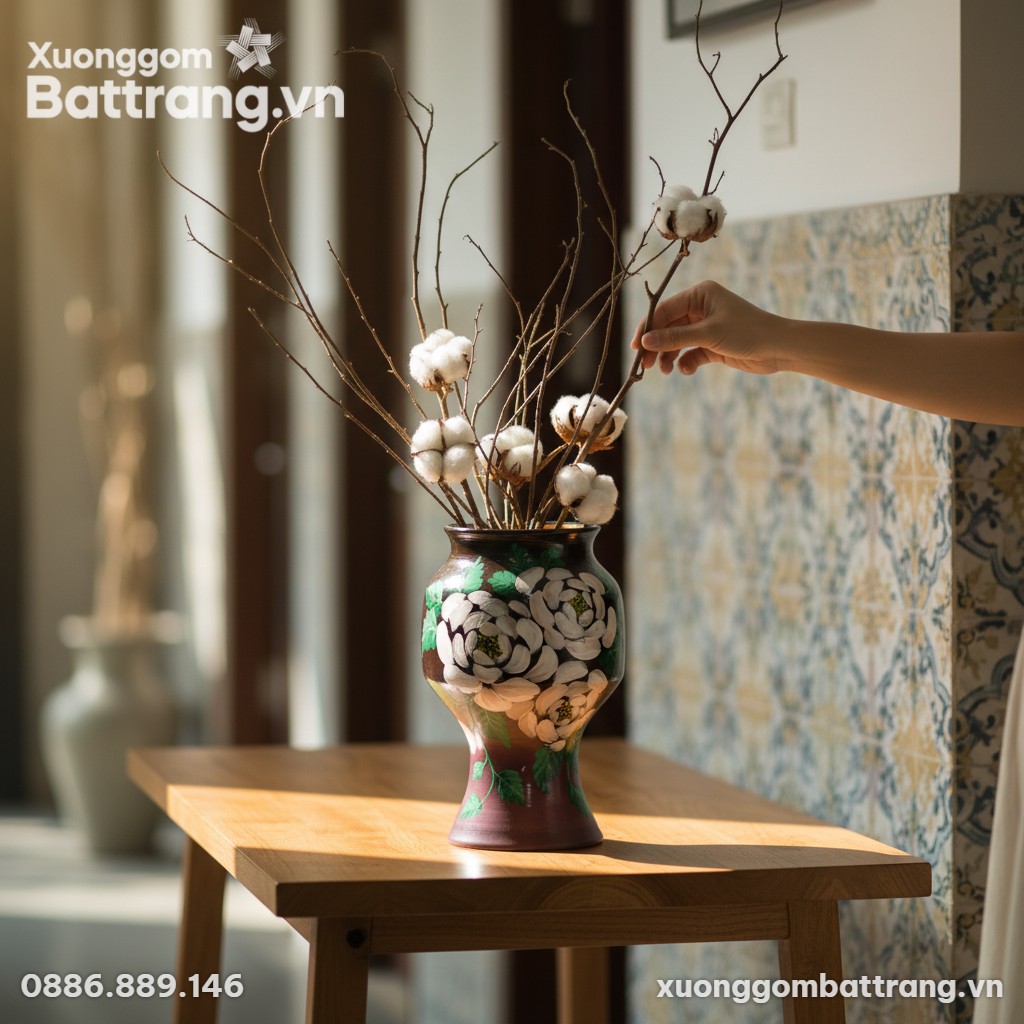 Bình hoa gốm Bát Tràng 25cm đặt trên bàn consol...