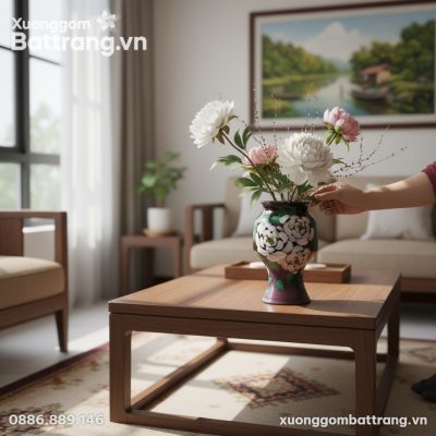 Bình hoa gốm Bát Tràng 25cm với hoa mẫu đơn 3D ...