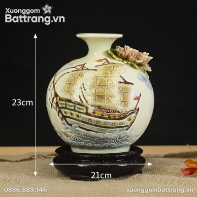 Kích thước Bình Hút Lộc Đắp Nổi Thuận Buồm Xuôi Gió Men Kem XG-BHL07