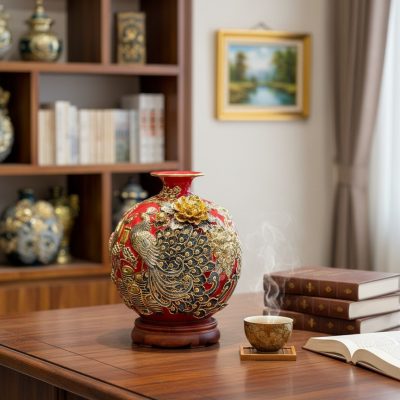 Bình hút lộc Công Đào men đỏ 26cm, chi tiết vàn...