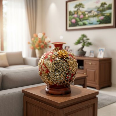 Bình hút lộc Công Đào men đỏ 26cm với họa tiết ...