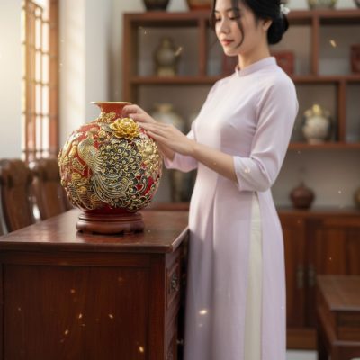 Một người phụ nữ Việt Nam trẻ tuổi, mặc áo lụa ...