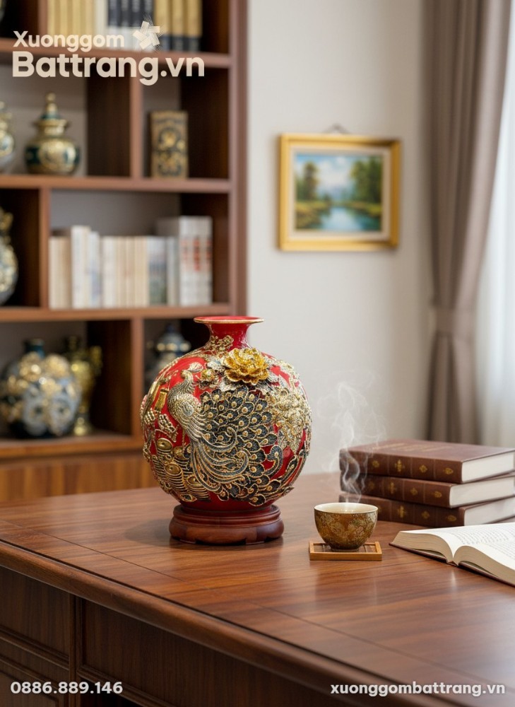 Bình hút lộc Công Đào men đỏ 26cm, chi tiết vàn...