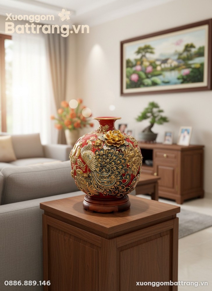 Bình hút lộc Công Đào men đỏ 26cm với họa tiết ...