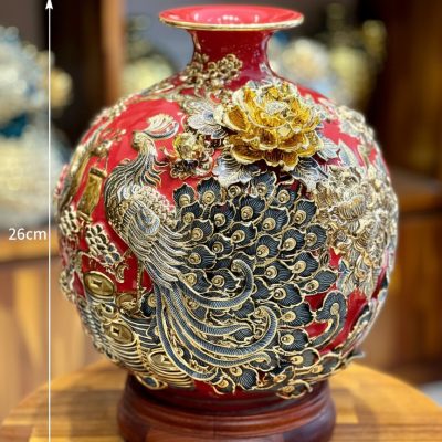 Kích thước Bình hút lộc Công Đào đắp nổi vẽ vàng men đỏ