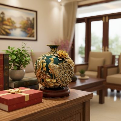 Bình hút lộc Công Đào 26cm đặt trên kệ trang tr...