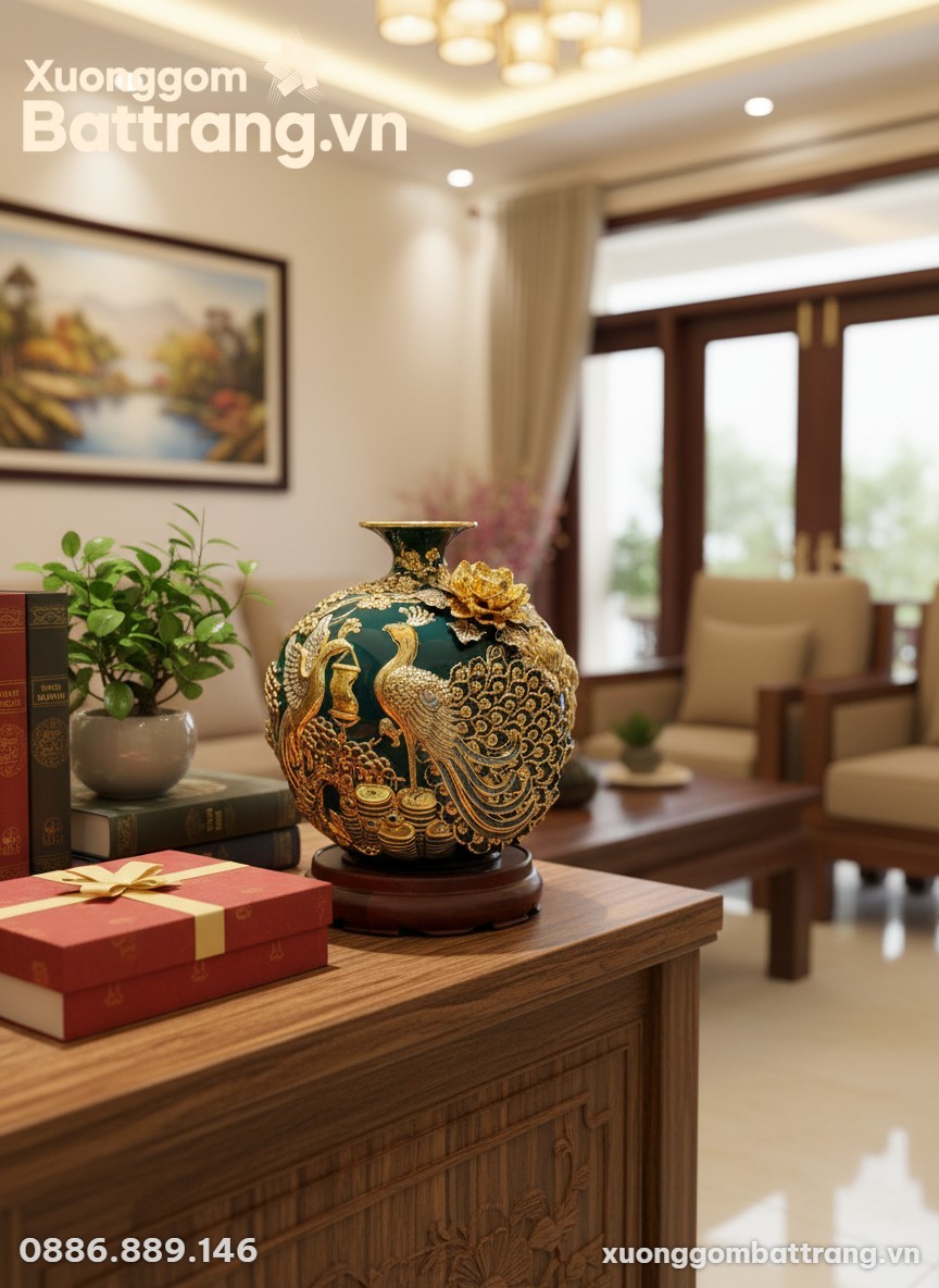 Bình hút lộc Công Đào 26cm đặt trên kệ trang tr...