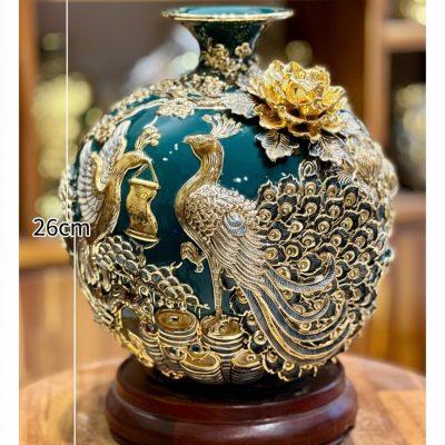 Kích thước Bình hút lộc Công Đào đắp nổi vẽ vàng men xanh cổ vịt XG-BHL05
