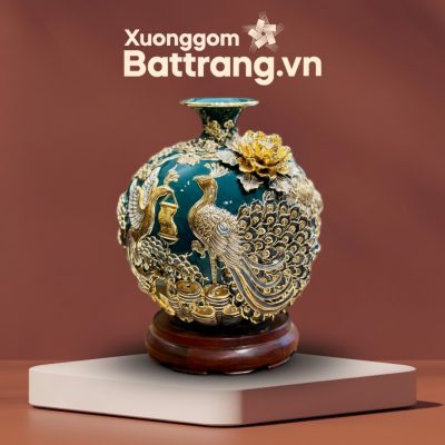 Bình hút lộc Công Đào đắp nổi vẽ vàng men xanh cổ vịt XG-BHL05 - Ảnh đại diện