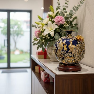 Bình hút lộc Công Đào 30cm đặt trên bàn console...