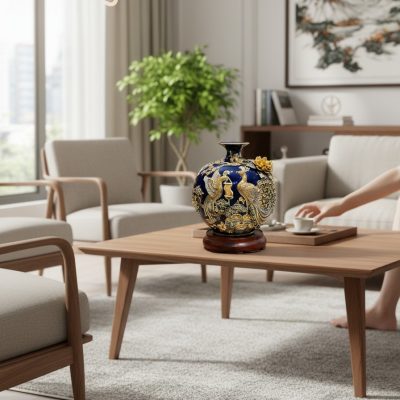 Bình hút lộc Công Đào 30cm trên bàn trà gỗ tron...