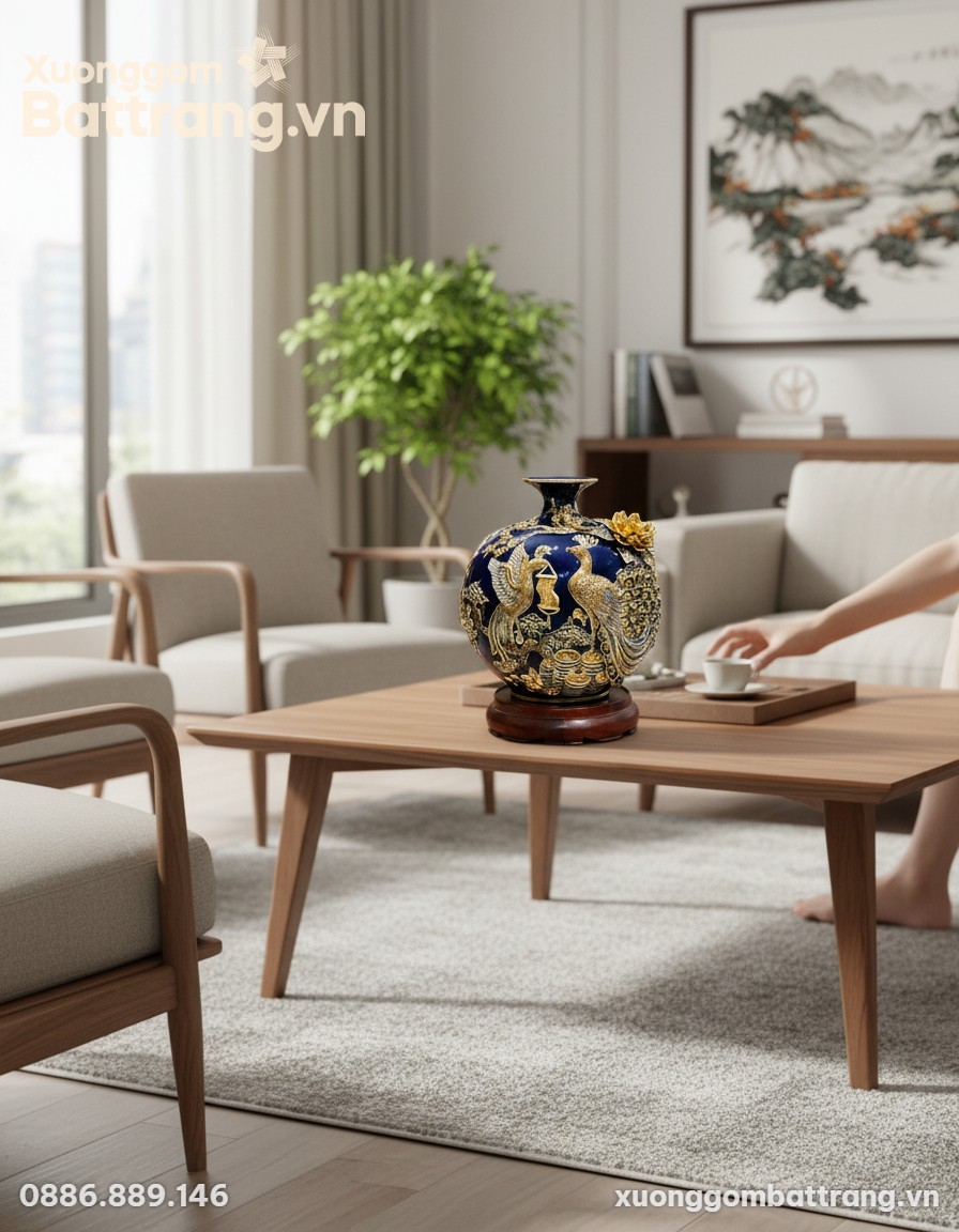 Bình hút lộc Công Đào 30cm trên bàn trà gỗ tron...