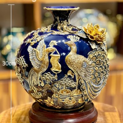 Kích thước Bình hút lộc Công Đào men xanh coban đắp nổi vẽ vàng XG-BHL04