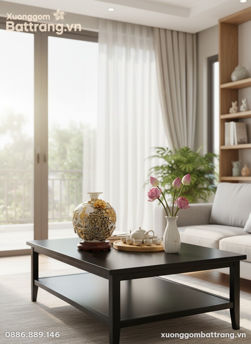 Bình hút lộc gốm sứ Bát Tràng đắp nổi công đào ...