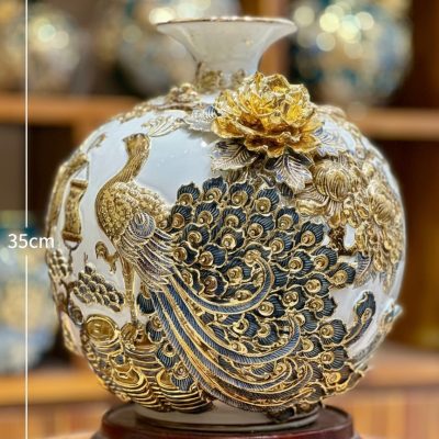 Kích thước Bình Hút Lộc Gốm Sứ Bát Tràng Đắp Nổi Công Đào Vẽ Vàng XG-BHL06