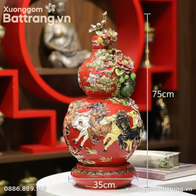 Kích thước Bình Hút Lộc Hồ Lô Mã Đáo Thành Công Đắp Nổi Men Đỏ Vàng Kim