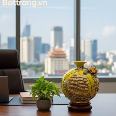 Bình gốm sứ 22cm nổi bật trên bàn làm việc giám...