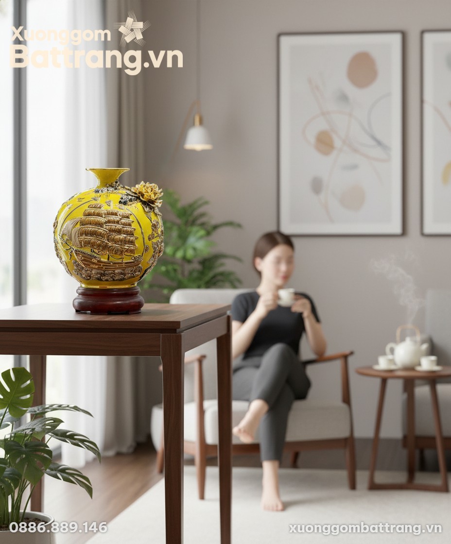 Bình gốm sứ men vàng 22cm đặt trên bàn console ...