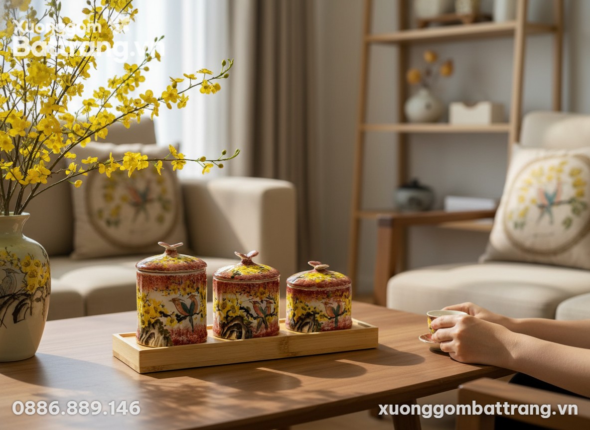 Bộ 3 hũ gốm sứ mai vàng chim én đỏ nâu, núm cán...