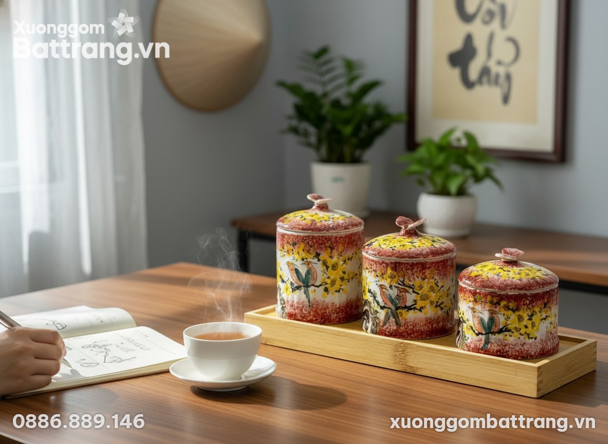 Bộ 3 hũ gốm sứ mai vàng chim én đỏ nâu đặt trên...