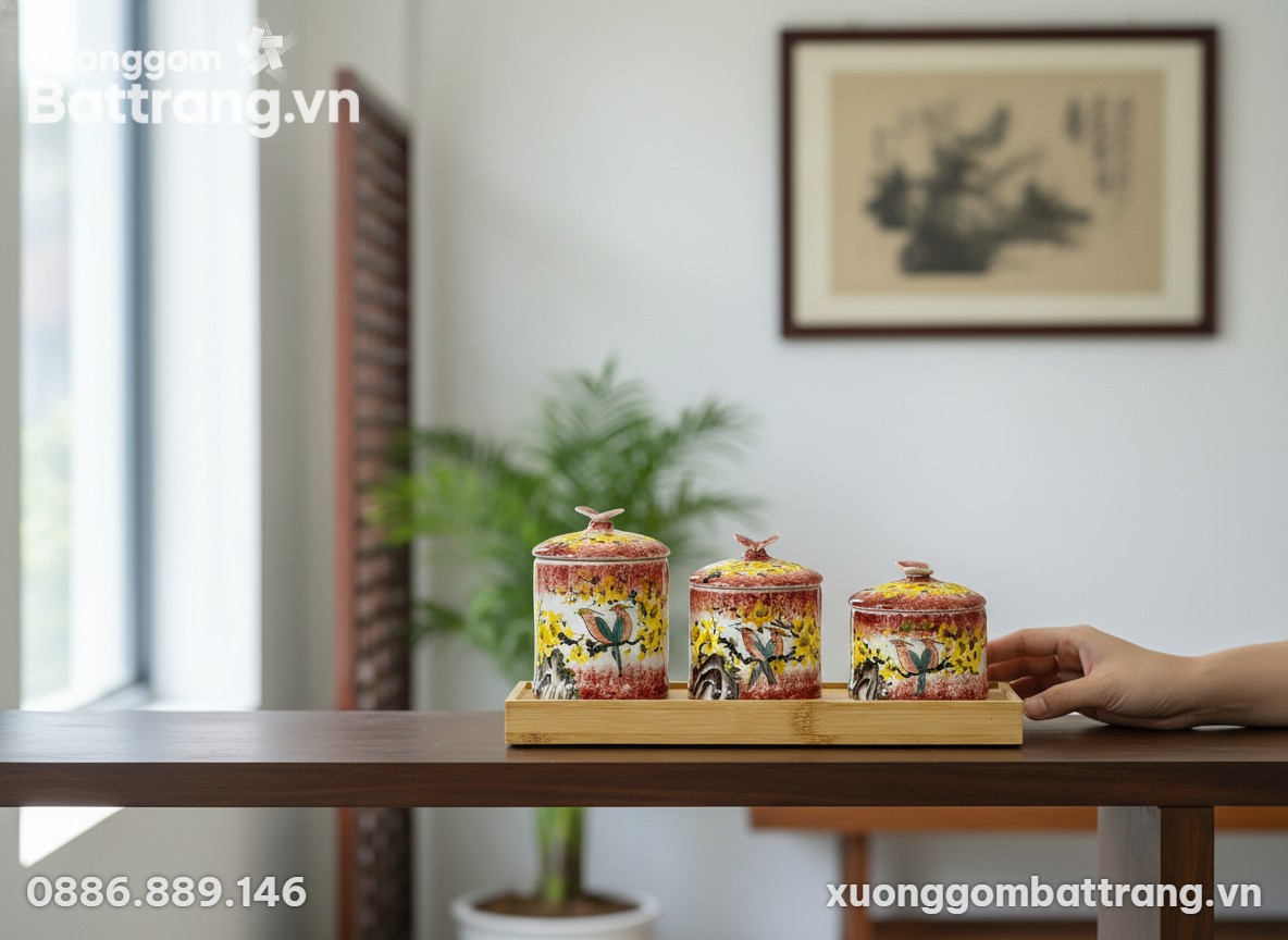 Bộ 3 hũ gốm sứ họa tiết mai vàng chim én, men đ...