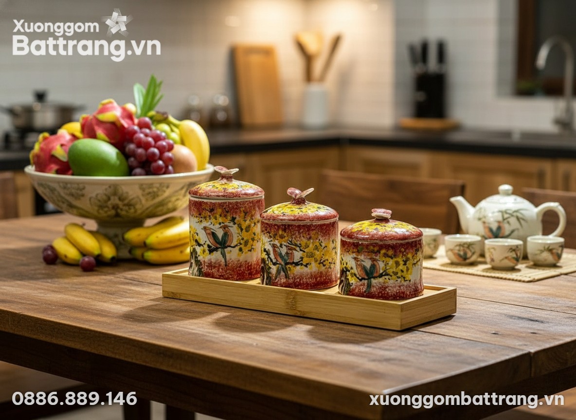 Bộ 3 hũ gốm sứ mai vàng chim én đỏ nâu đặt trên...