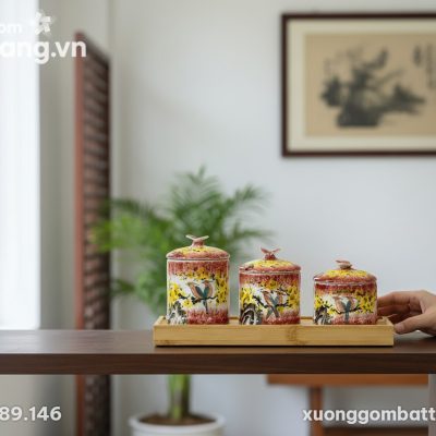 Bộ 3 hũ gốm sứ họa tiết mai vàng chim én, men đ...