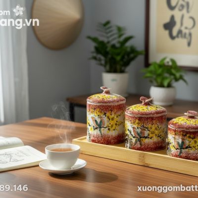 Bộ 3 hũ gốm sứ mai vàng chim én đỏ nâu đặt trên...