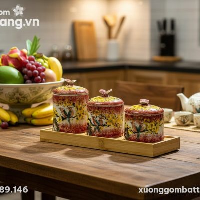 Bộ 3 hũ gốm sứ mai vàng chim én đỏ nâu đặt trên...