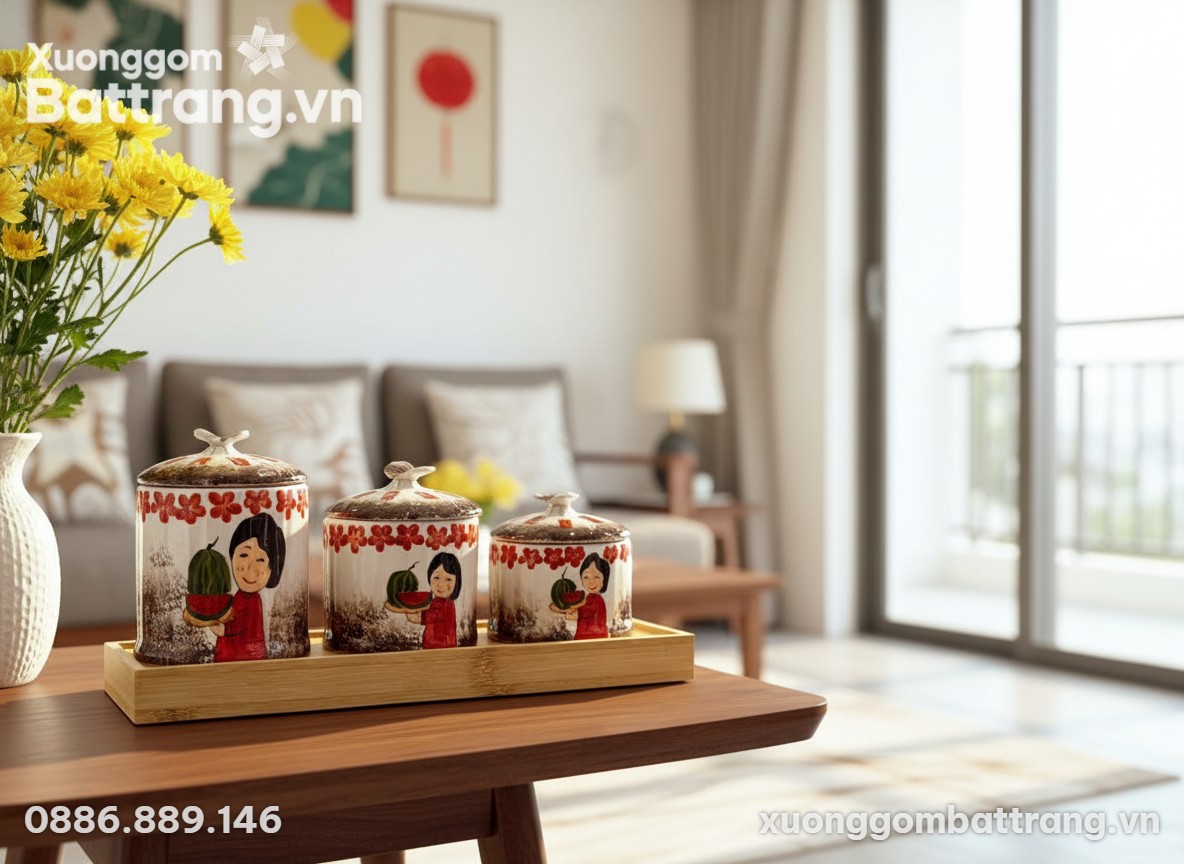Bộ 3 hũ gốm sứ đón xuân được trưng bày trang tr...