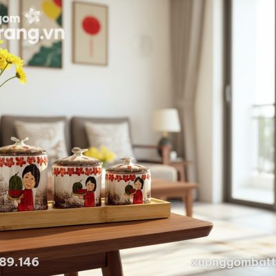 Bộ 3 hũ gốm sứ đón xuân được trưng bày trang tr...