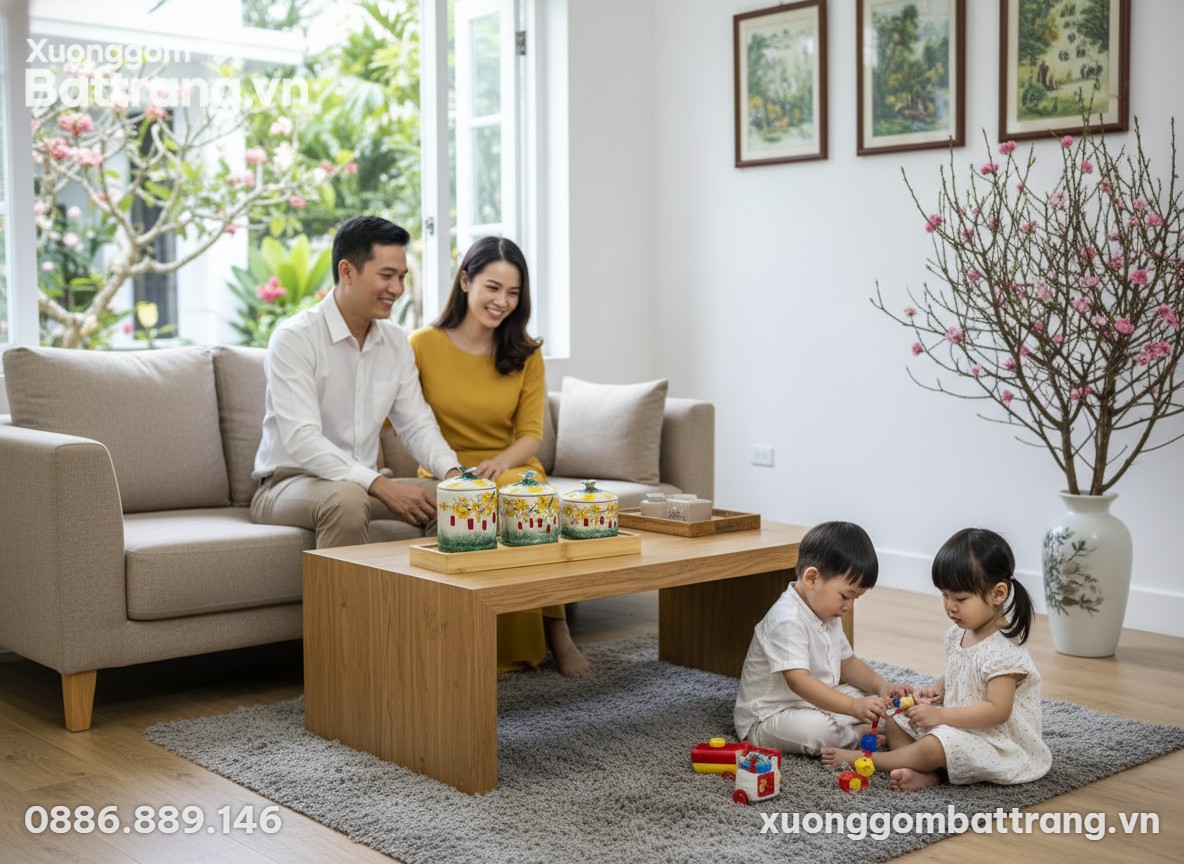 Bộ 3 hũ gốm sứ đón Tết đặt trên bàn trà gỗ tự n...