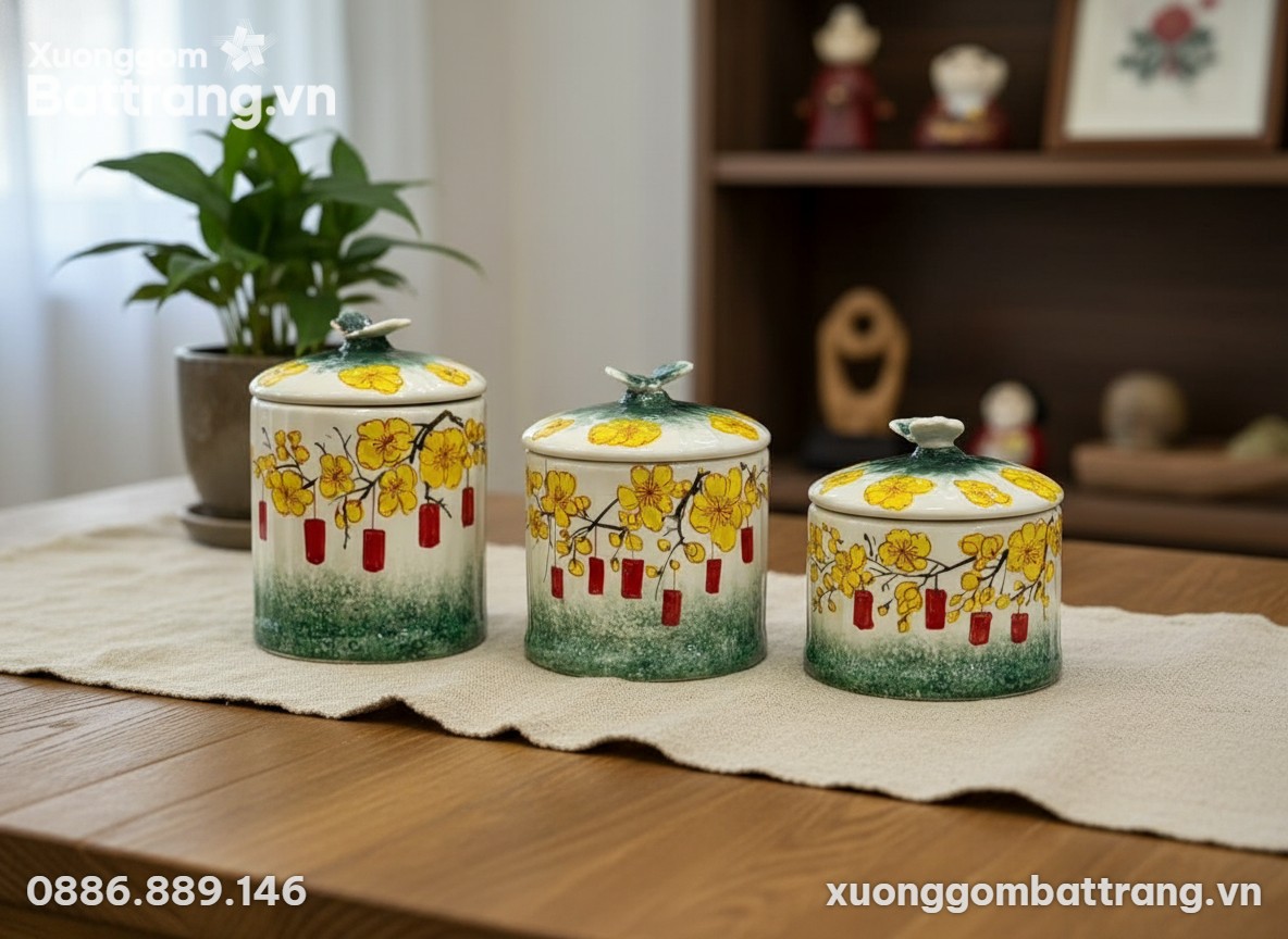 Cận cảnh bộ 3 hũ gốm sứ men trắng, họa tiết hoa...