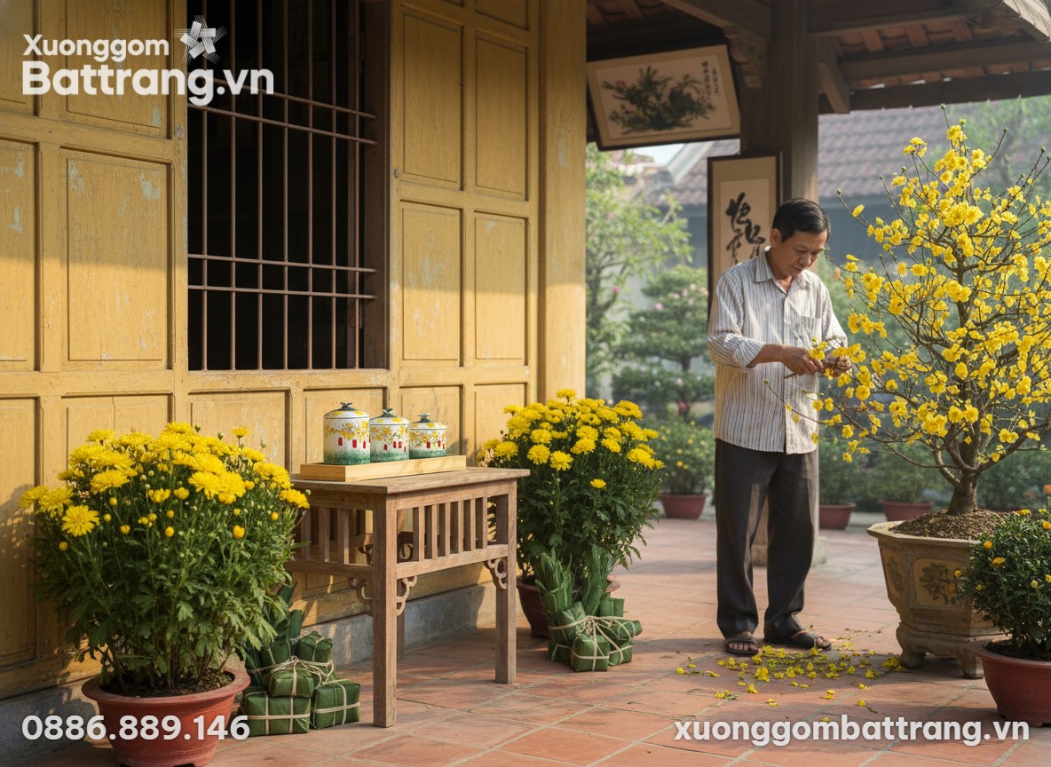 Bộ 3 hũ gốm sứ hoa mai, đèn lồng đỏ đặt trên ch...