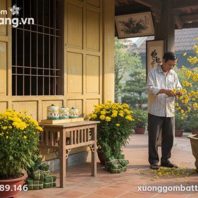 Bộ 3 hũ gốm sứ hoa mai, đèn lồng đỏ đặt trên ch...